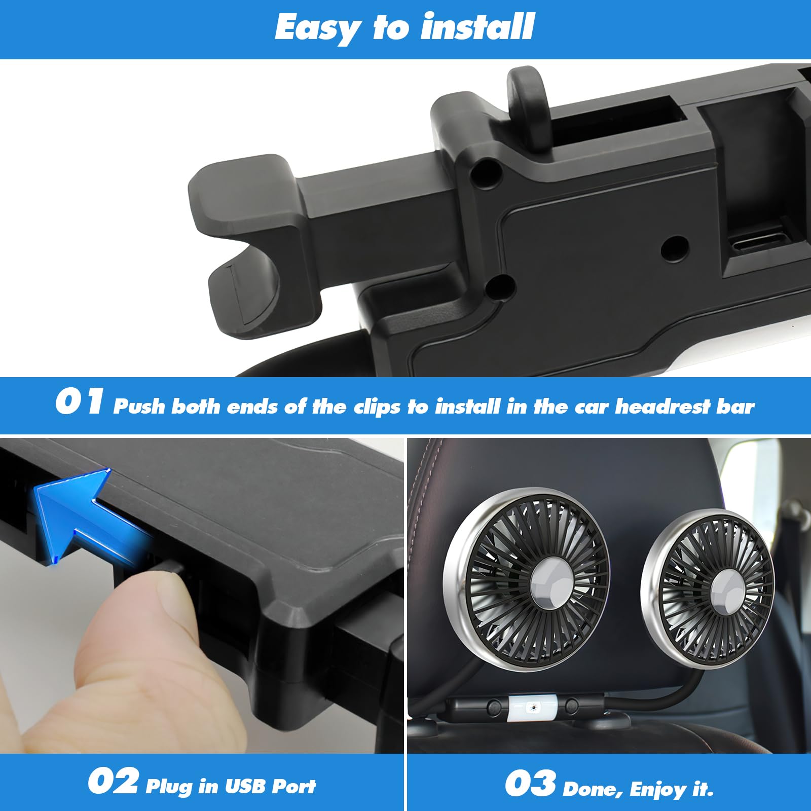 Ventilateur de voiture pour Banquette Arrière Ventilateur USB à Double Tête, 3 vitesses et rotation à 360° Ventilateur de refroidissement Automatique de Voiture, s pour camion SUV RV
