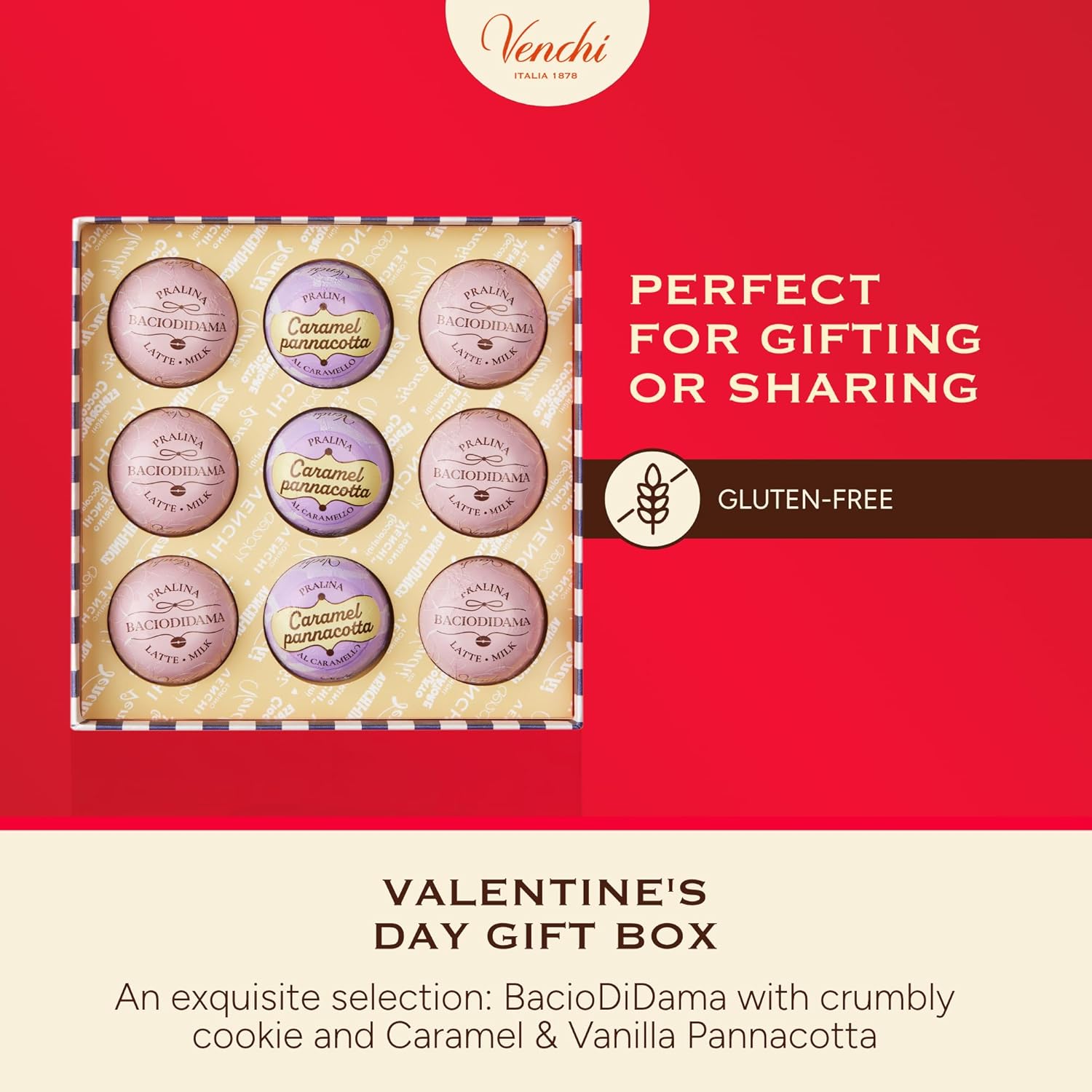 Venchi - Giftbox with 9 Milk Chocolate BacioDiDama and Caramel Pannacotta Pralines, 5.5 Oz, Gluten-Free, No Artificial Colours and Preservatives, Mother's Day Gift Idea