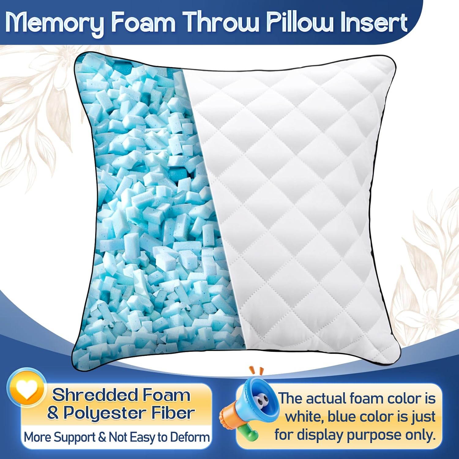 1 MIDDLE ONE Throw Pillows (Pack of 2, White), 18 x 18 Inches Decorative Pillow Insert for Couch, Sofa and Bed, Memory Foam Indoor Square Pillow Forms Stuffer