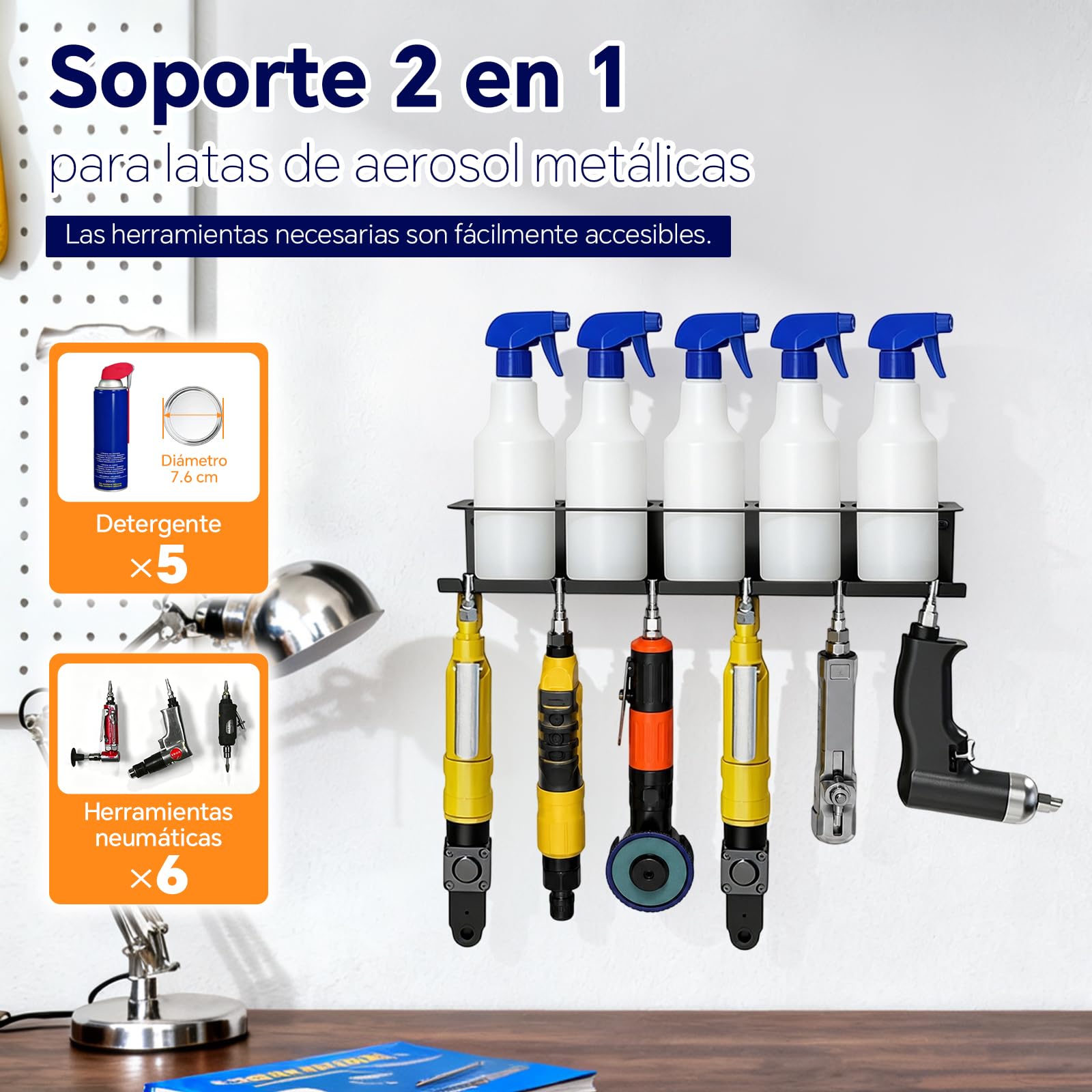 Juego de 2 soportes para botellas de spray con 5 compartimentos y 6 ranuras, para garaje, taller y hogar