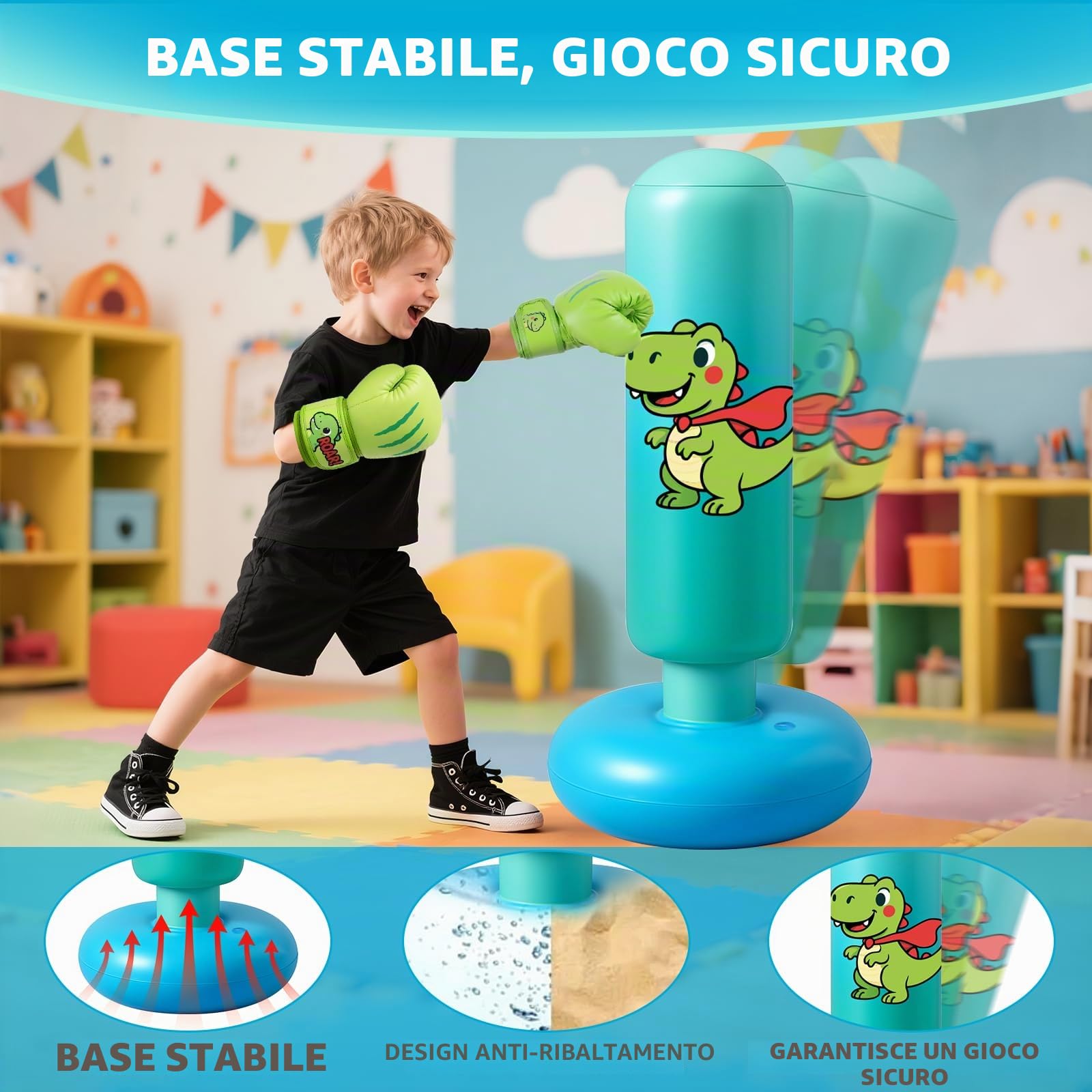 Sacco da Boxe per Bambini, 120cm Sacco da Boxe da Terra con Guantoni per Bambino da 3 a 8 Anni per Karate e Taekwondo, Regalo per Bambini