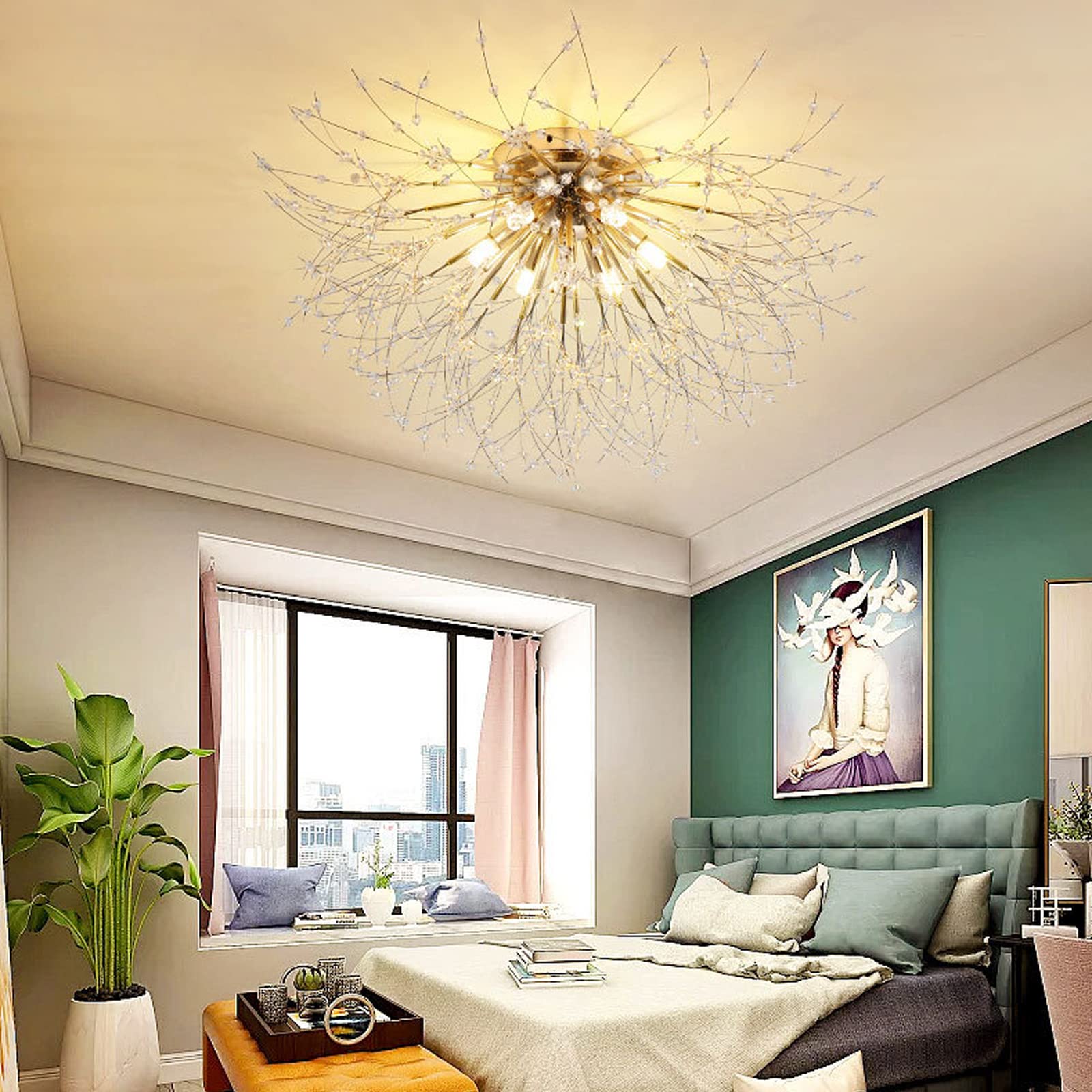 Ziidoo Modern Ceiling Light, 42 1 Lights Metal Firework Designed Chic Led Lighting Fixture For Farmhouse Kitchen Dining Room Bedroom Hallway Living Room (Gold And Dark Gold