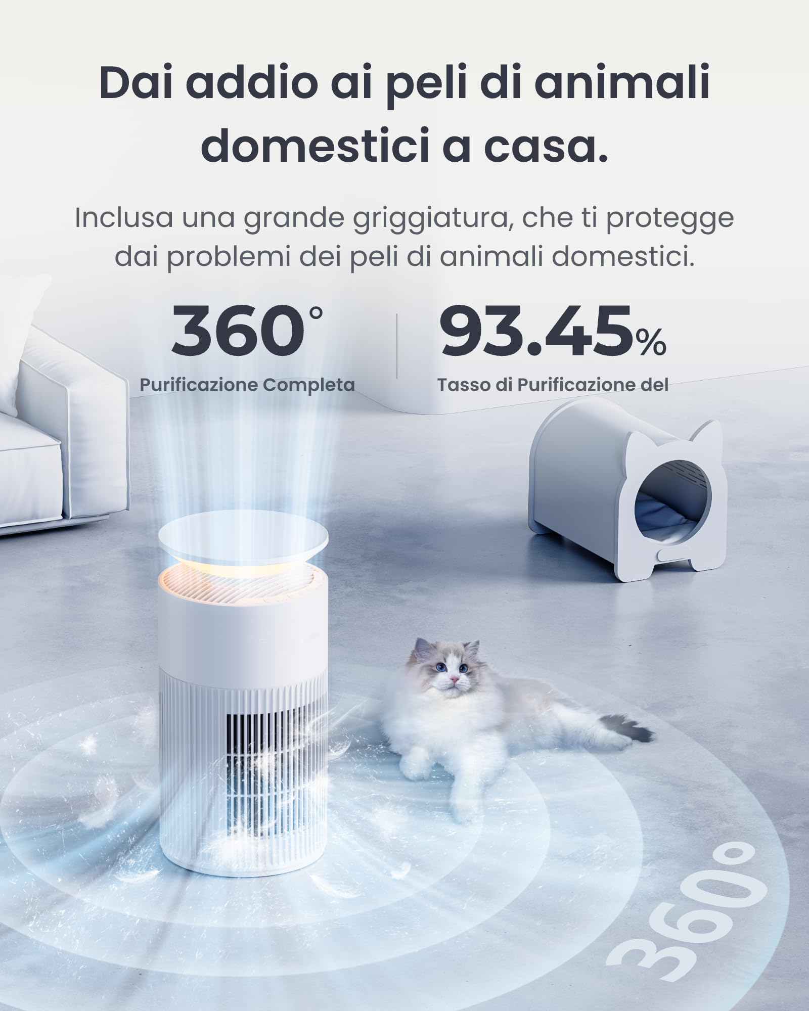 SwitchBot Purificatore D'aria Con App E Luce Notturna, CADR 400m³/h Fino A 83㎡, Filtro HEPA Rimuove 99.97% Di Muffa, Polvere, Polline, Modalità Sonno 20dB, Modalità Animali Per Famiglie Con Animali