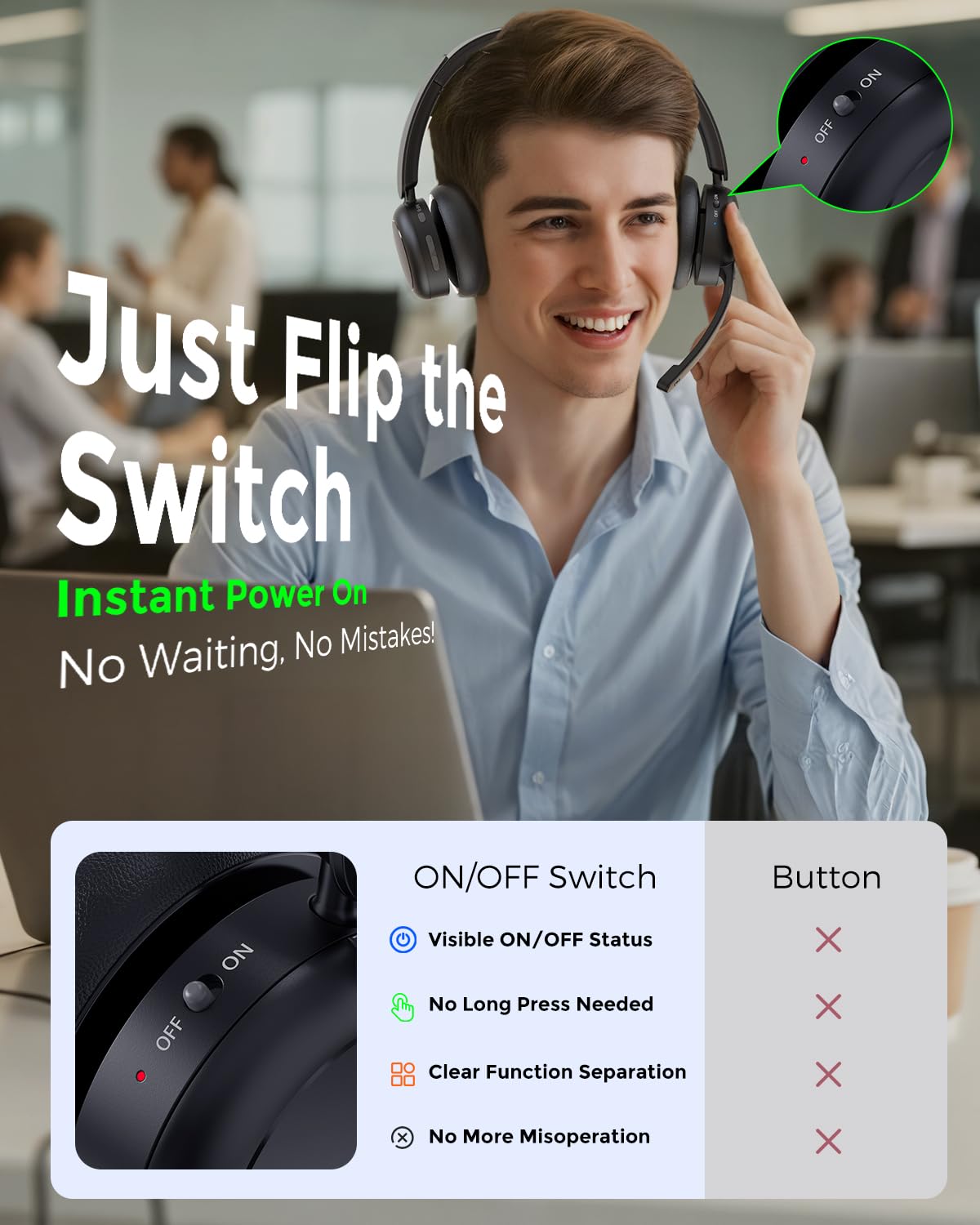 Bluetooth-Headset, Kabelloses Headset mit Mikrofon, Qualcomm Chipset Dongle, V5.4-Headsets mit Mikrofon für die Arbeit, Drahtlose Geräuschunterdrückung mit Busy/Stumm Licht für PC Computer Büro