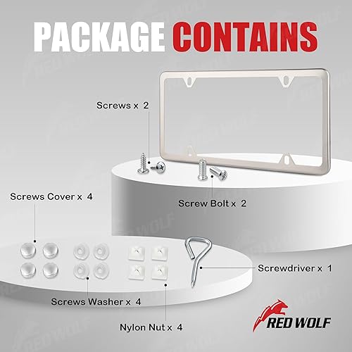 Miniatura 7 de RED WOLF Marco de matrícula de acero inoxidable para parachoques delantero y trasero, espejo de metal pulido, cubierta plateada de 12 x 6 pulgadas,