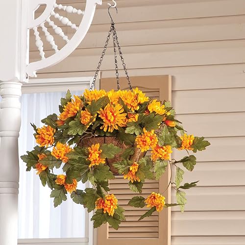 Miniatura 2 de OakRidge Cesta colgante de mamá artificial totalmente montada, color dorado, 10 pulgadas de diámetro con cadena de 18 pulgadas de largo, flores de