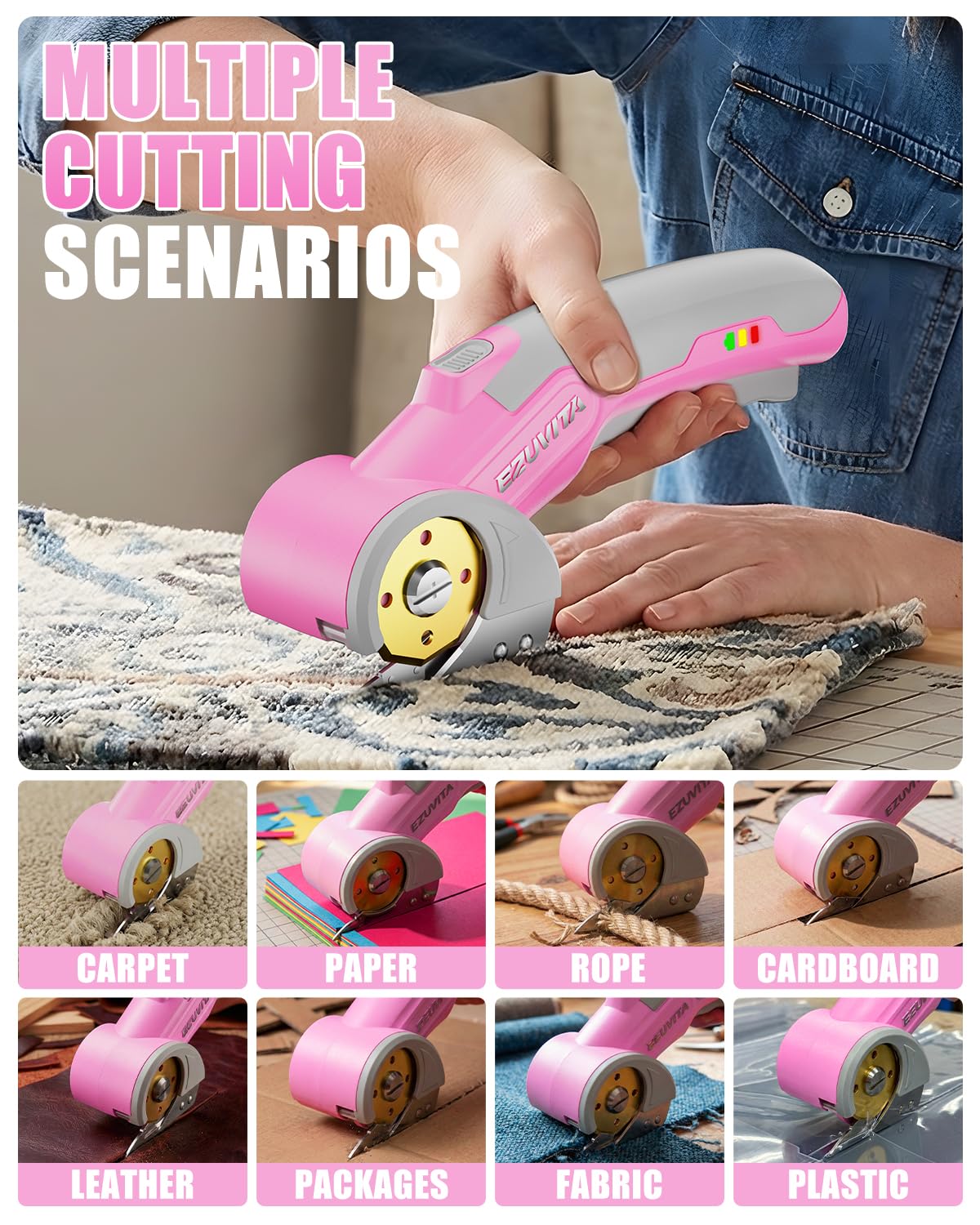 Ciseaux Électriques sans Fil 4V avec Lumière LED, Ciseaux Électriques avec Clé, Sac de Rangement et Lame de Rechange Revêtue de Titane pour Tissu, Cuir, Tapis et Plastique (Rose)