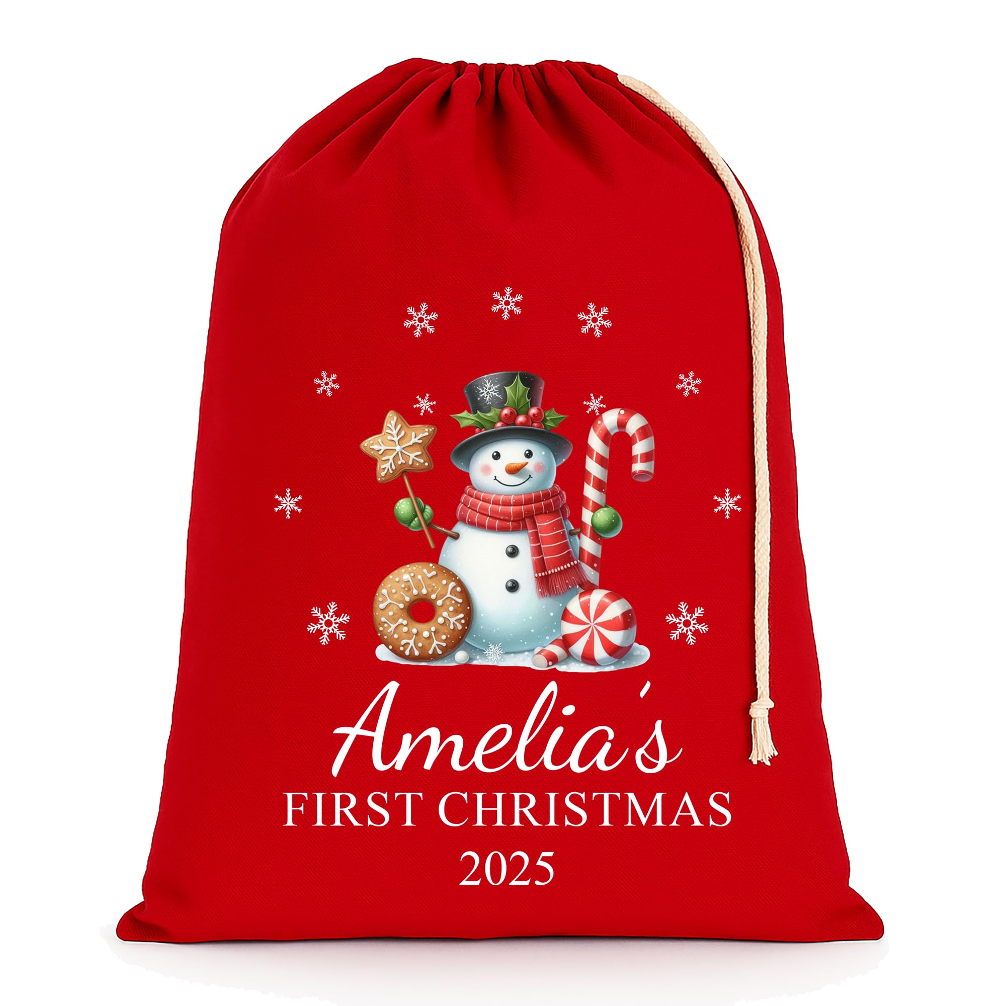Personalised Baby's First Christmas Santa Sack with Custom Name - Red - My 1st Xmas Keepsake Gift for Boys or Girls (Candy Cane Snow, Medium)