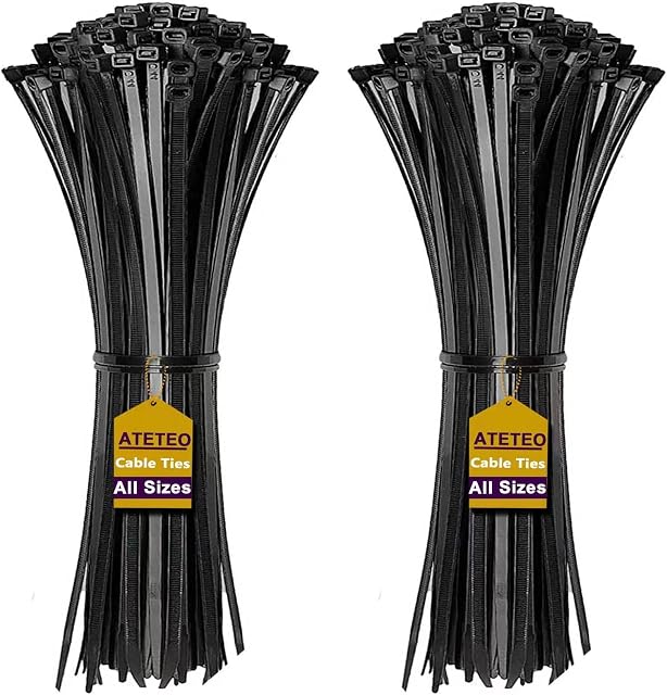 ATETEO Cable Ties, 200 Pack Black Cable Zip Ties Nylon Self Locking tie Wraps 100/150/200/250/300/370/400/500/600/650/760/1200 mm