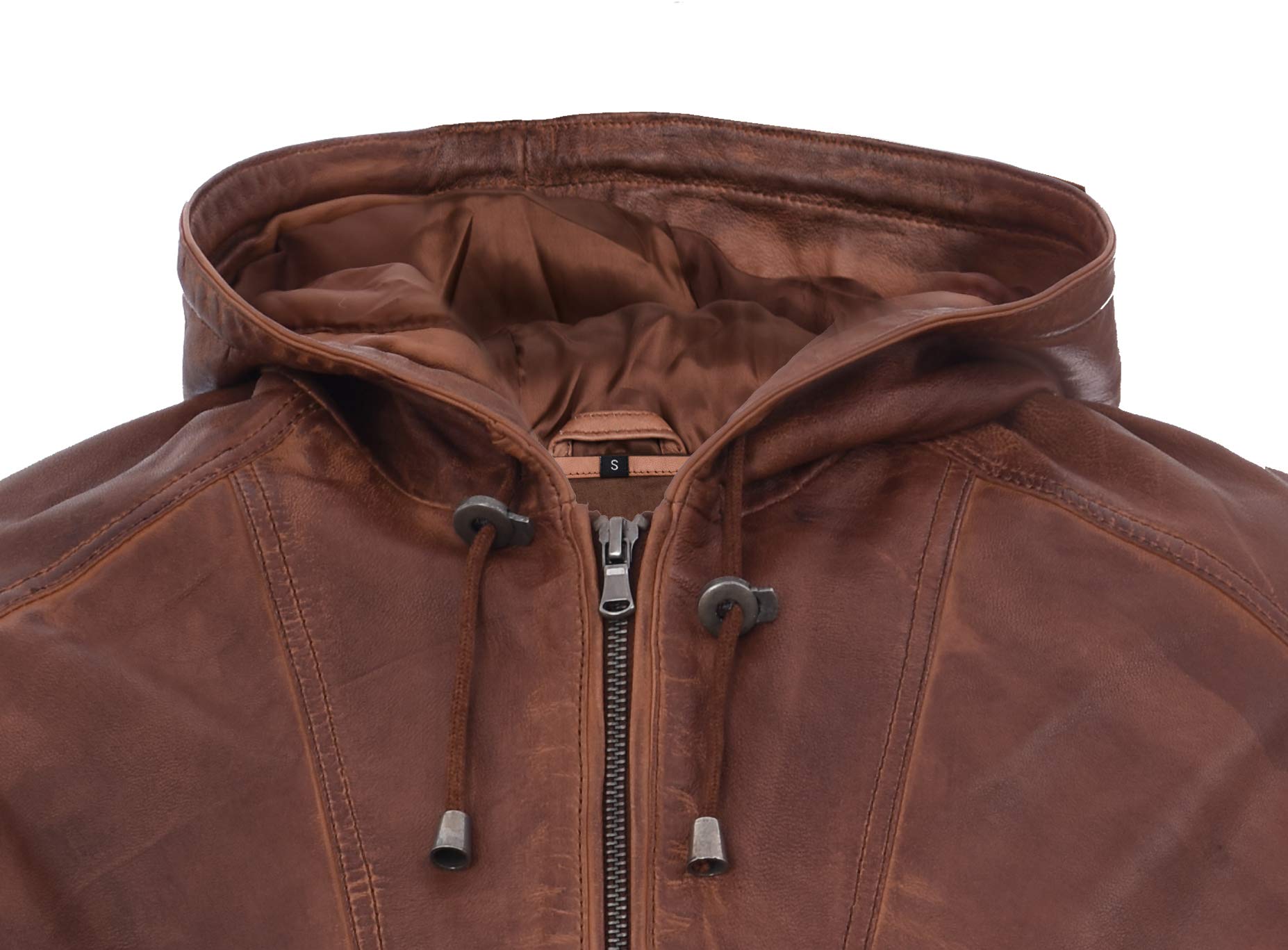 Infinity Leather Chaqueta Motera de Cuero con Capucha de Marrón Oscuro y Capucha de los Hombres.