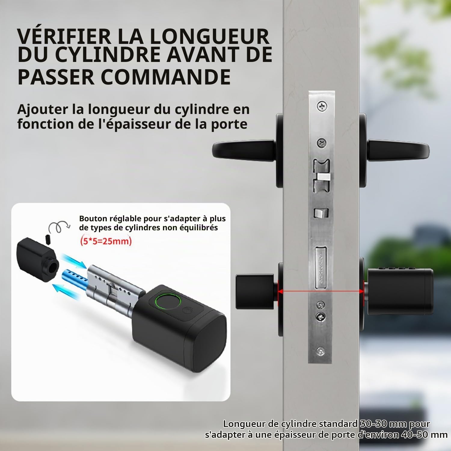 Serrure Empreinte Digitale Connectée,Cylindre Biotechnologique,Ip65,Avec Deux Cartes,Deux Jeux De Clés,Avec Bluetooth,Convient Aux Portes De 35 à 60 Mm(Noir)