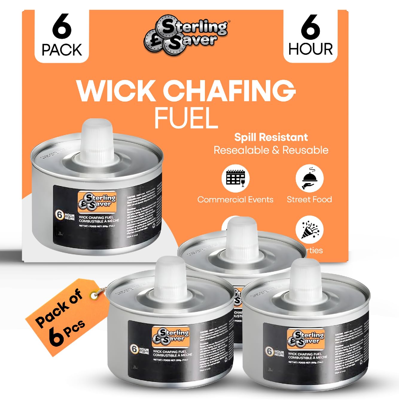 Sterling Saver 6 Hour Wick Chafing Fuel Pack of 6 for Parties and Catering Events | Safe & Clean-Burning Warmers for Indoor and Outdoor Use | 360 Mins Long Burn Time Odourless Heat for Buffets