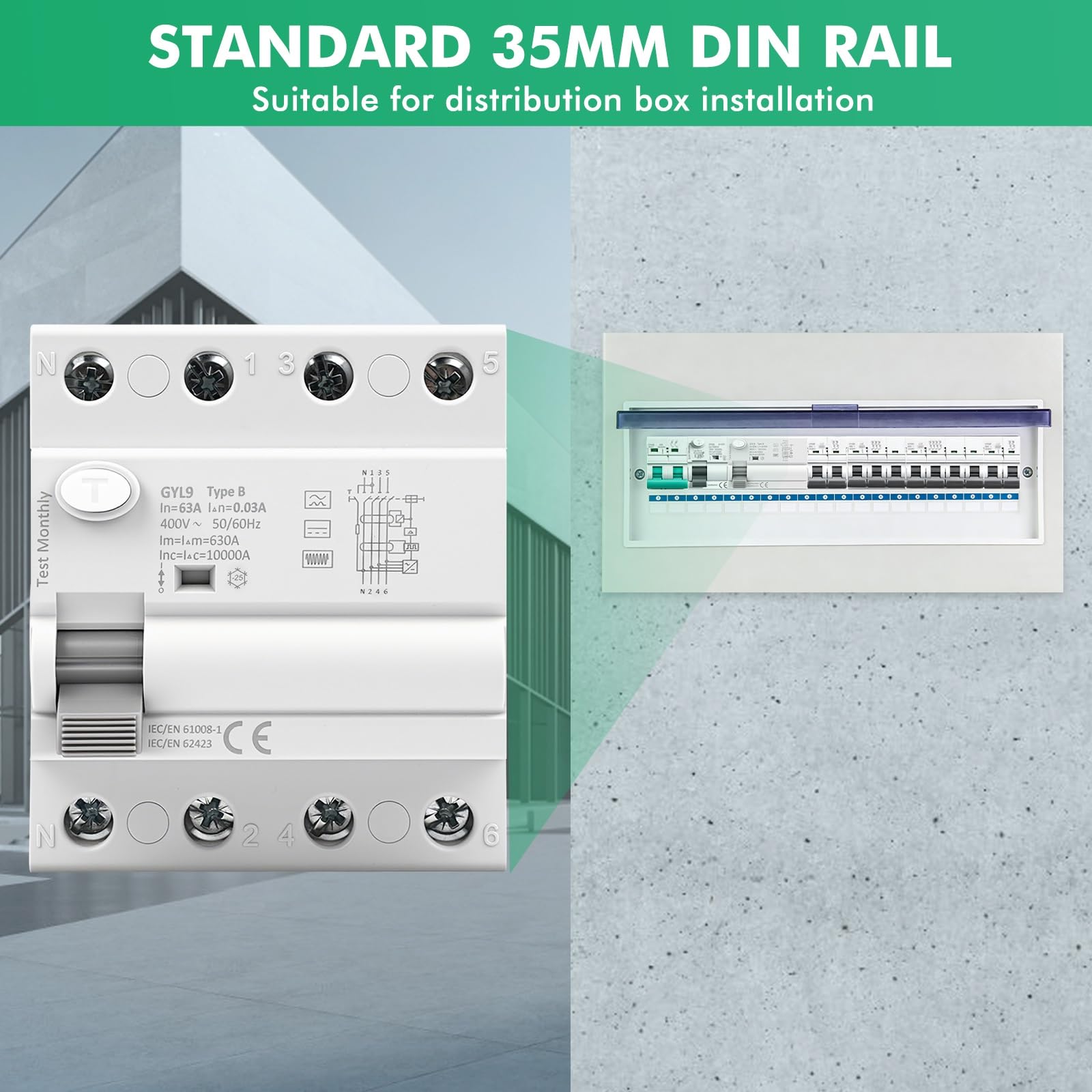 Jadeshay Disyuntor Diferencial Tipo B 3P+N 63A 30mA 400V RCCB Interruptor Diferencial Residual para Sistema Fotovoltaico Estación de Carga y Equipo Industrial