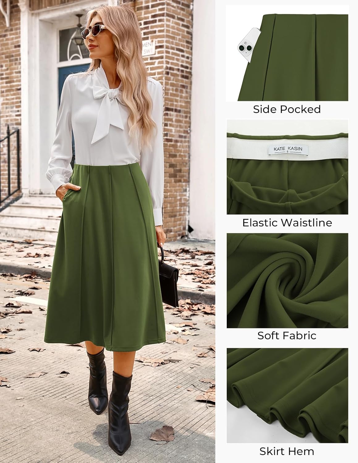 Kate Kasin Women's Pleated Midi Skirt 2025 Fall High Waisted Knee Length Flowy A Line Swing Casual Flared Skirts with Pockets - Image 4