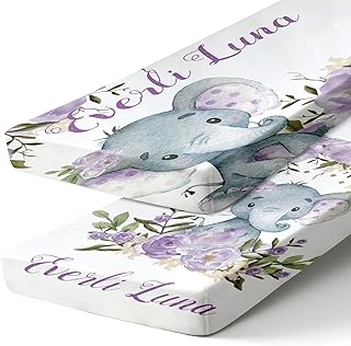 KAINSY Custom Name Crib Sheets - Purple Elephant Baby Bedding for Boys Girls - Portable Foldable Soft Cotton Changing Fitted Sheets, Gifts for Newborn 0-6 Years Baby Infant