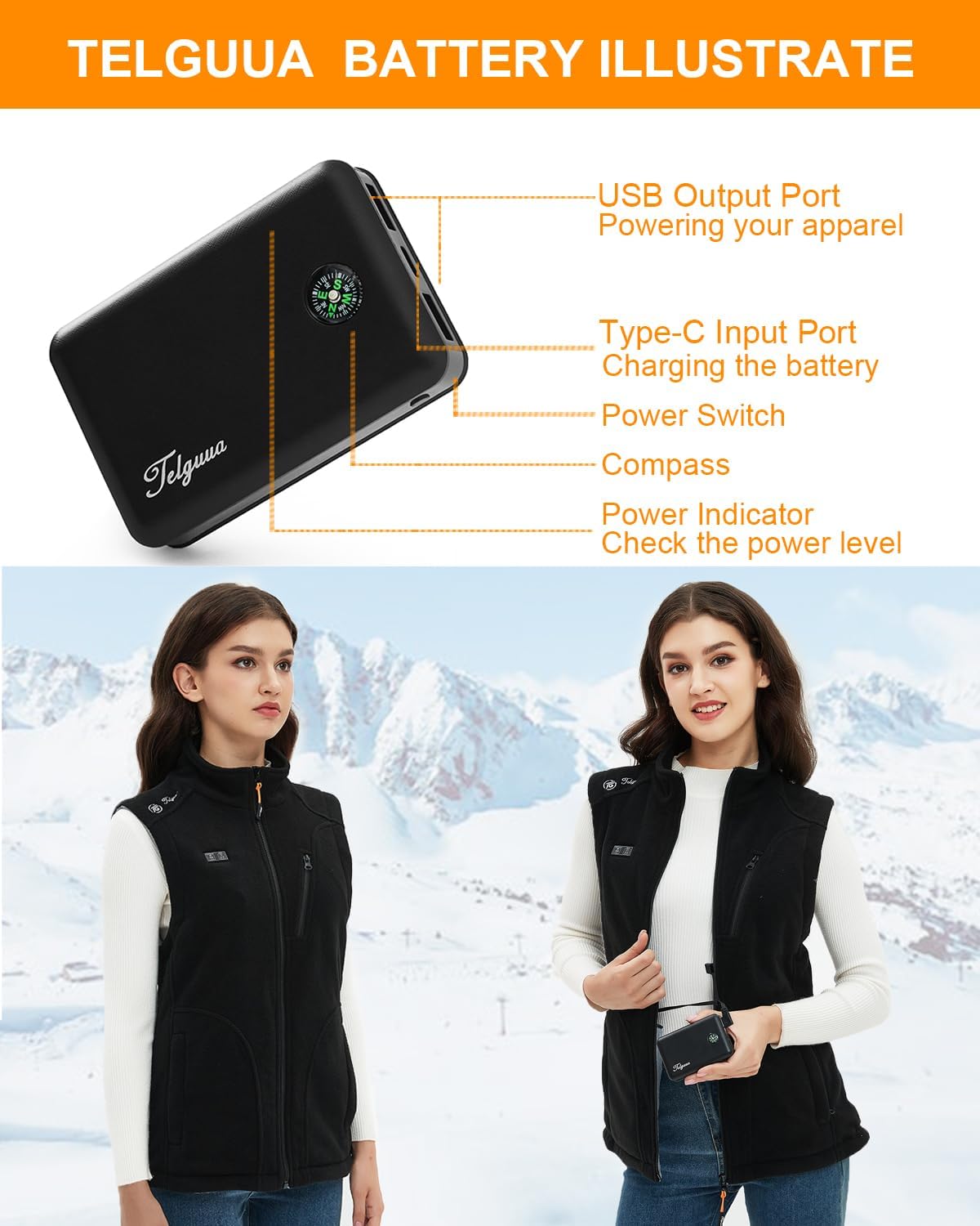 Telguua Gilet Riscaldato in Pile per Donna con Batteria 10000mAh 5 V, Heated Fleece Vests in Pile Leggero con 3 livelli di Temperatura/6 zone di Riscaldamento, per Attività all'aperto e Campeggio