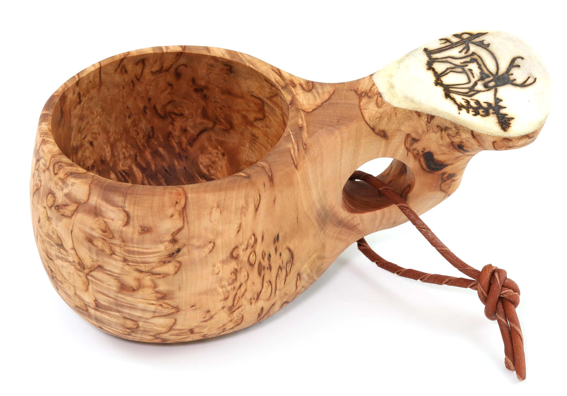 Kuksa Drewniany nordycki kubek do picia ręcznie wykonany w Finlandii z brzozowym skrzydłem - z logo renifera