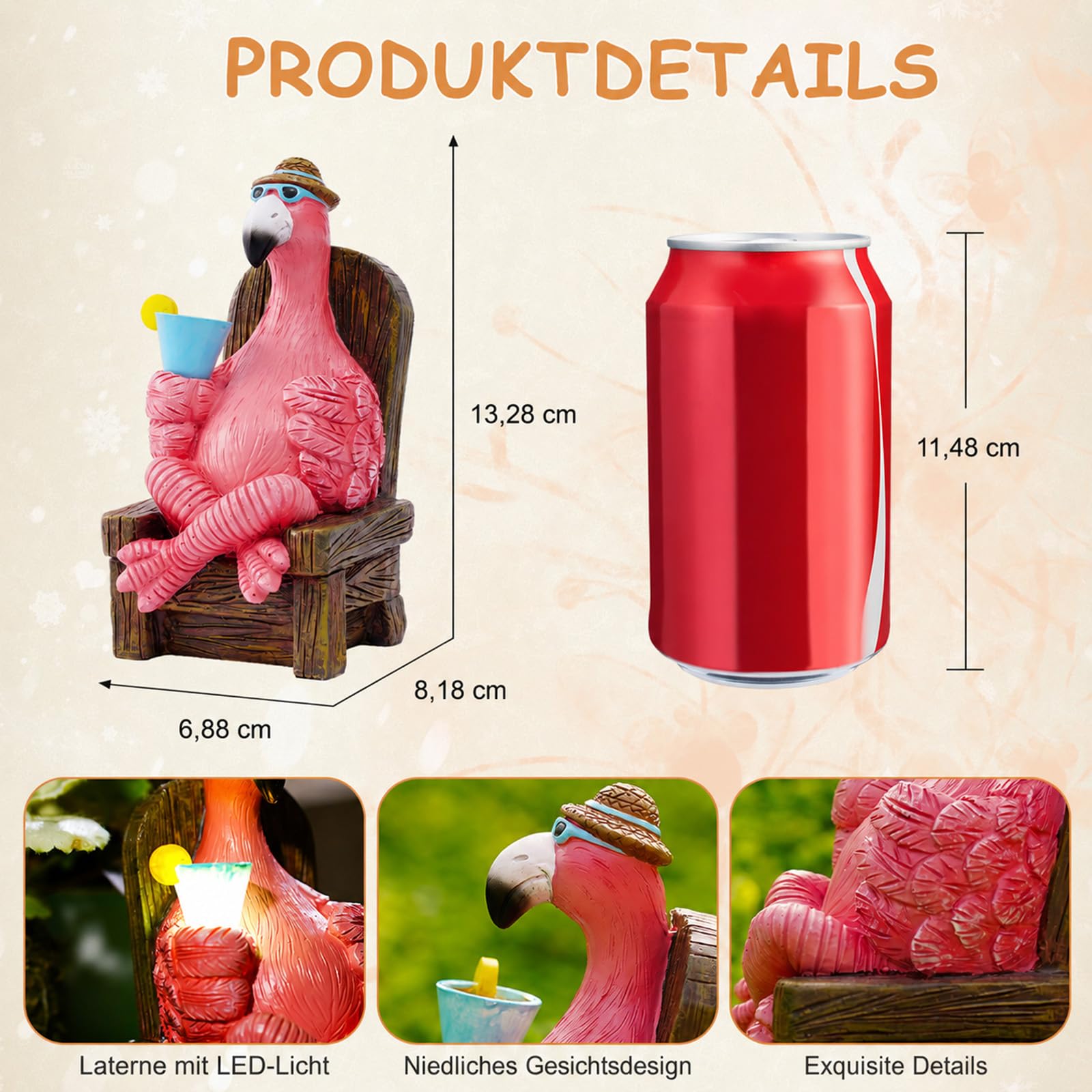 Yeomoo Rosa Flamingo Gartenfiguren Solar Gartendeko für Draußen: Lustige Flamingo Trinken auf dem Schaukelstuhl Deko für Wohnzimmer Garten Geschenke für Frauen Mama Geburtstagsgeschenk Balkon 13CM