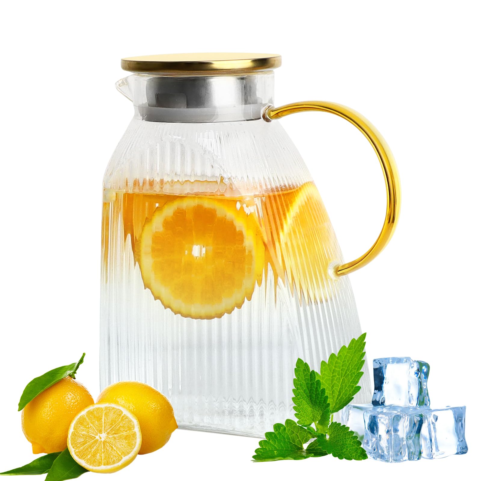 WEXFFU Fridge Door Water Jug, Fridge Jug with Lid, 1.8L/64oz Water Pitcher with Stainless Steel Lid for Hot/Cold Water, Glass Carafe for Homemade Juice Ice Tea Coffee Milk Wine and Beverage