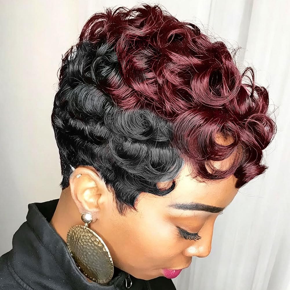 Amazon.com : MOONSHOW Short Wigs for Black Women Ombre Wine  display picture 1
