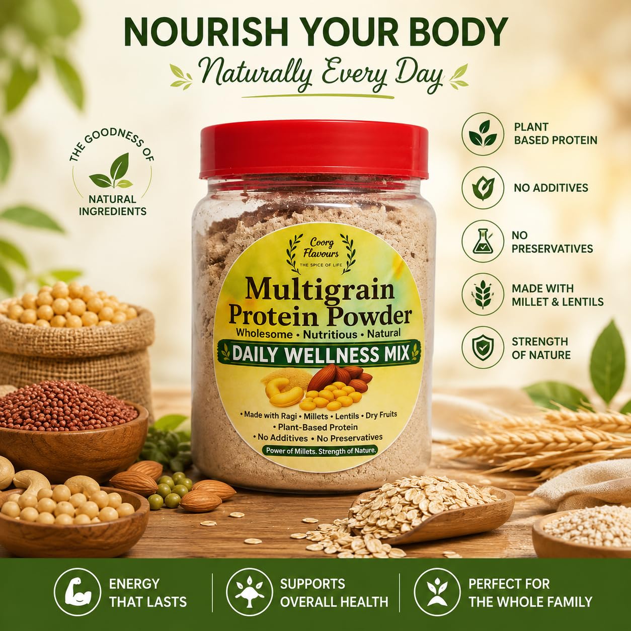 COORG FLAVOURS Multigrain Protein Powder 250g | Premium Blend of Dal, Millet, Nuts & Dry Fruits | High Fiber & Protein Health Mix | Natural Daily Nutrition Drink | No Preservative — Amazon image 3