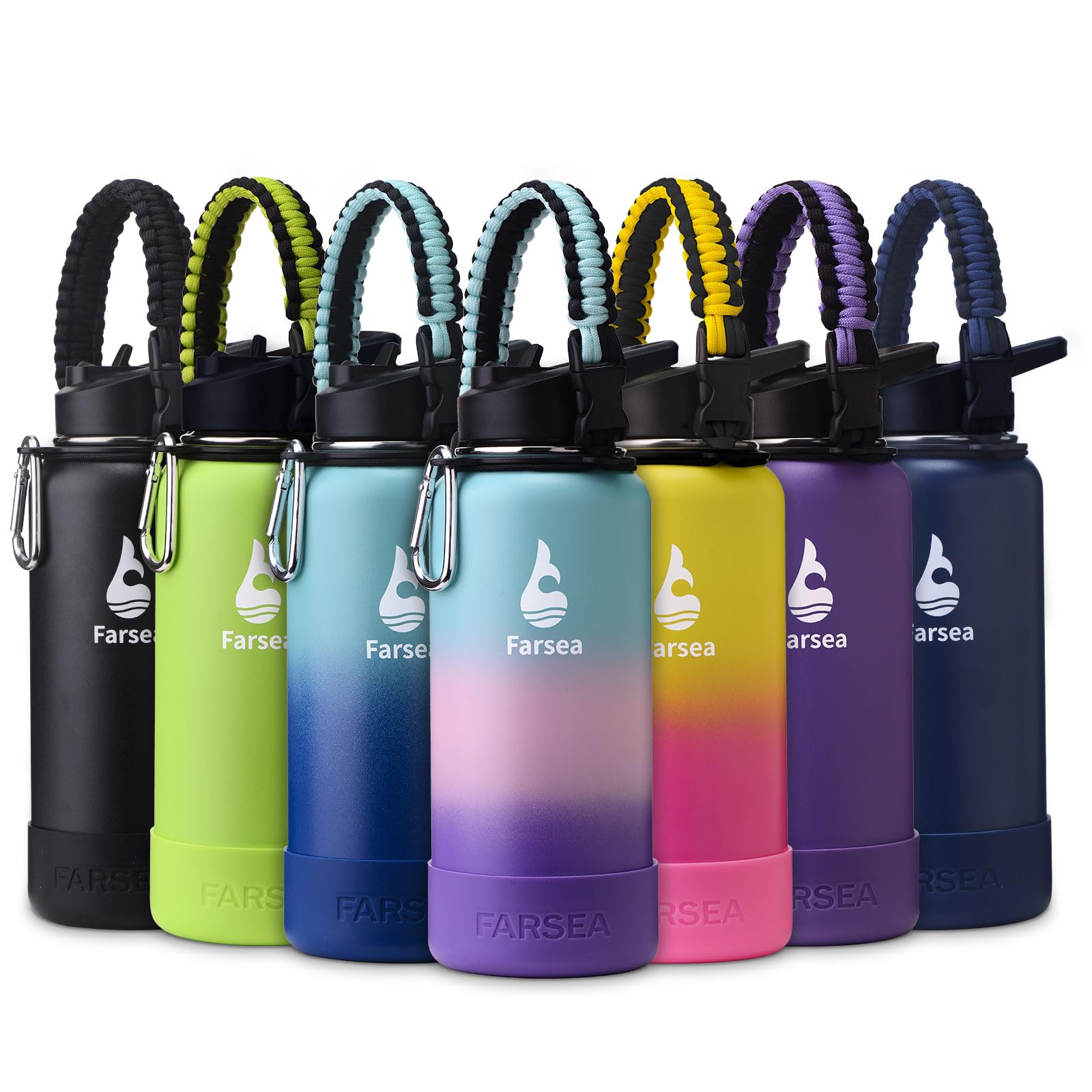 Farsea Insulated Water Bottle With Paracord Handle, Protective Boot and 2 Lids (Straw Lid & Spout Lid), Stainless Steel Water Bottle Wide Mouth,