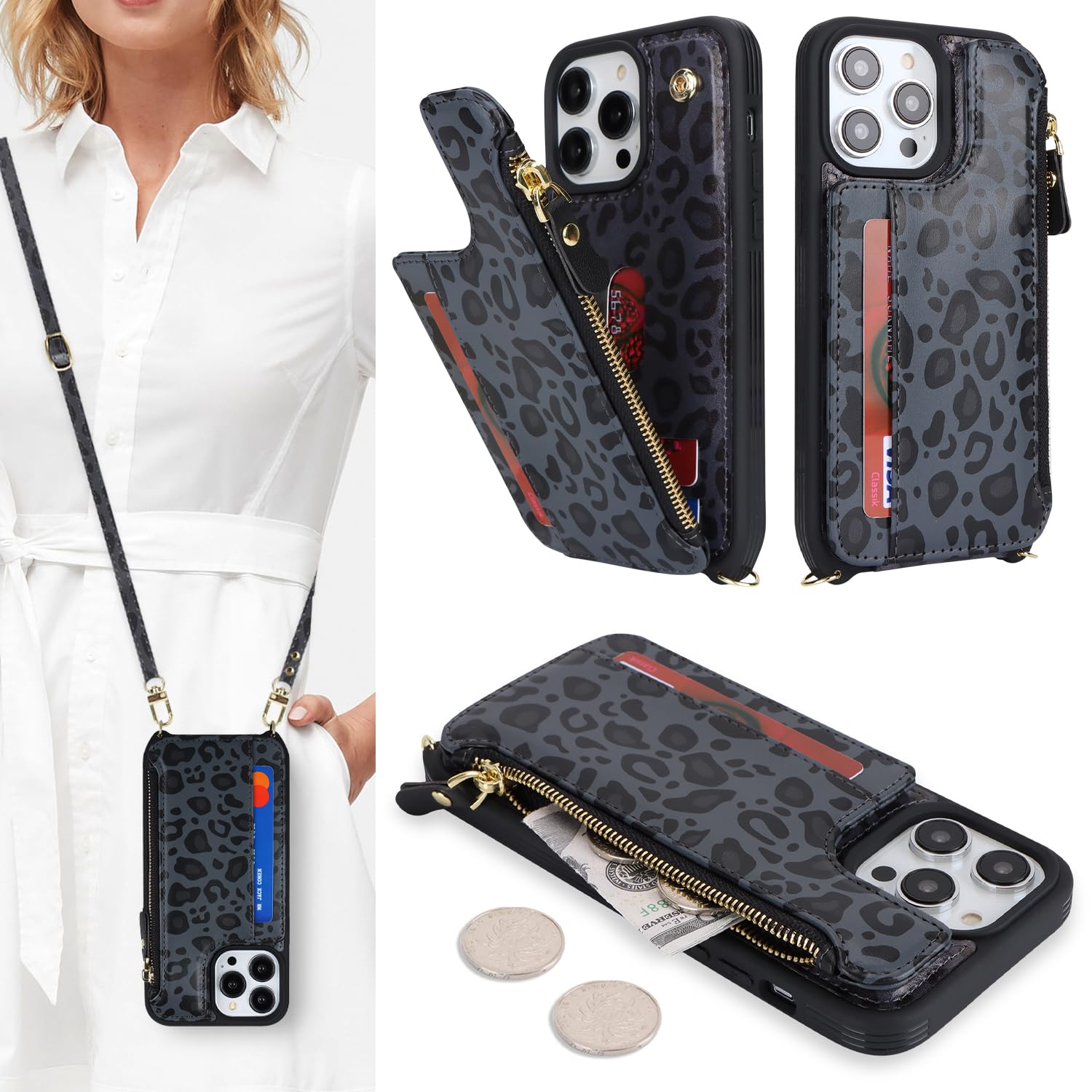 SailorTech for iPhone 14 Pro Phone Case with Credit Card Holder for Women iPhone 14 Pro Leather Case Wallet Crossbody with Credit Card Slots Zipper Shockproof Case for Men