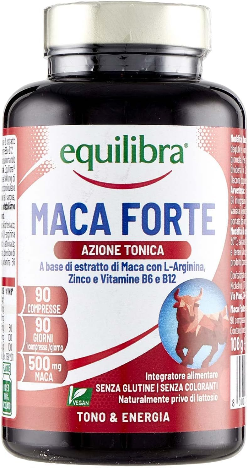 Equilibra Integratori Alimentari, Maca Forte, Tono e Vigore Fisico, Altodosato a Base di Estratto di Radice di Maca Peruviana 500 mg, L-​Arginina, Zinco, Vitamine B6 e B12, 90 Compresse