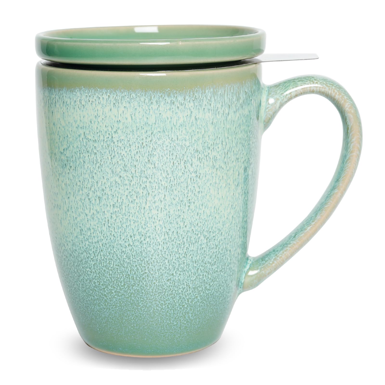 Bosmarlin Tasse à thé en céramique avec infuseur et couvercle, 4 couleurs au choix, passe au micro-ondes et au lave-vaisselle, tasse à thé avec passoire, vernis réactif (390 ml, vert pâle)