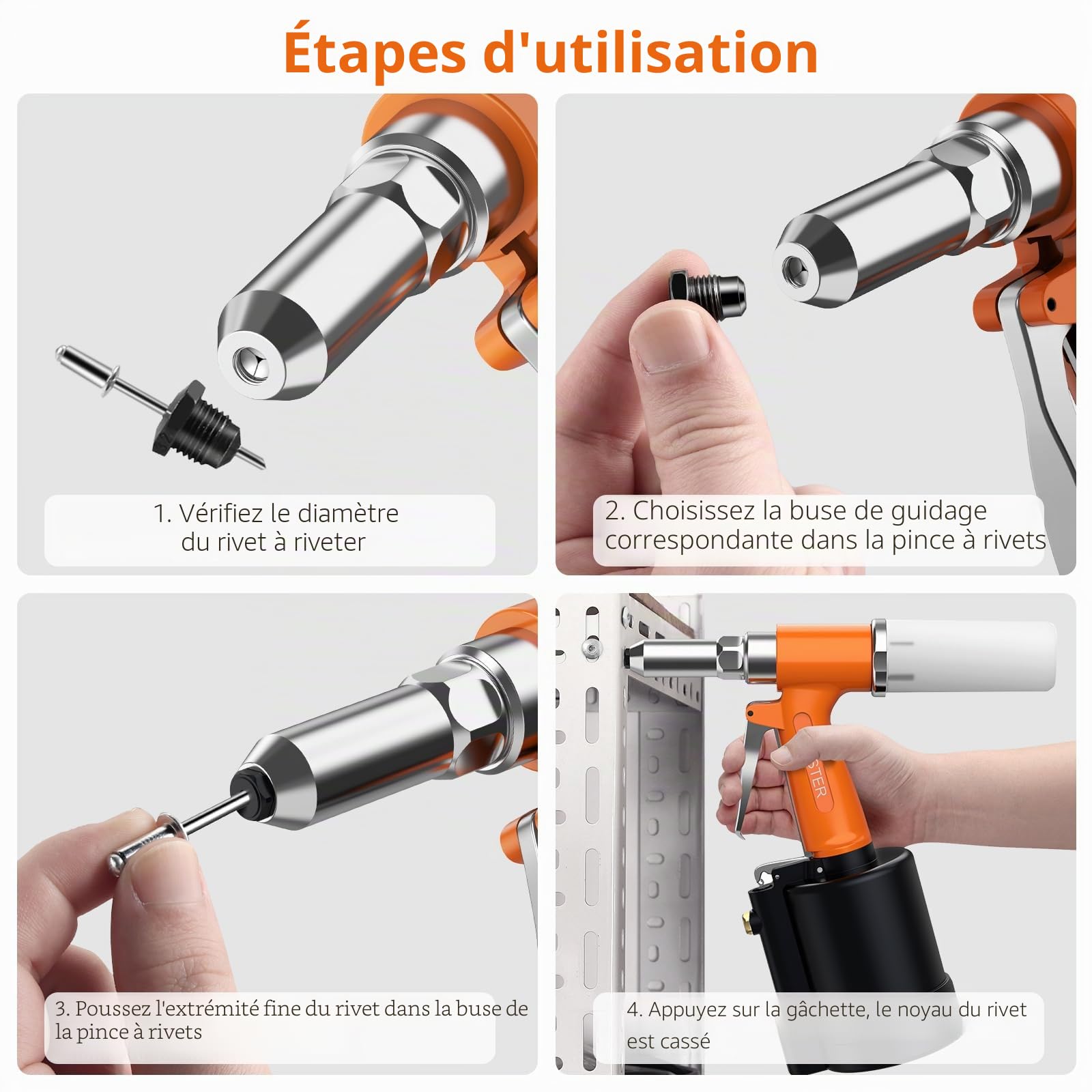 Proster Riveteuse Pneumatique Hydraulique 1408KGF Professionnelle avec 4 Embouts (2.4/3.2/4.0/4.8mm) – Pistolet à Riveter à Air Compatible Aluminium et Acier pour Carrosserie/Atelier/Construction