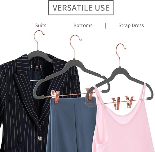 Miniatura 4 de MIZGI Perchas de terciopelo prémium para pantalones con clips (paquete de 20) perchas delgadas para faldas, colgador de fieltro antideslizante para