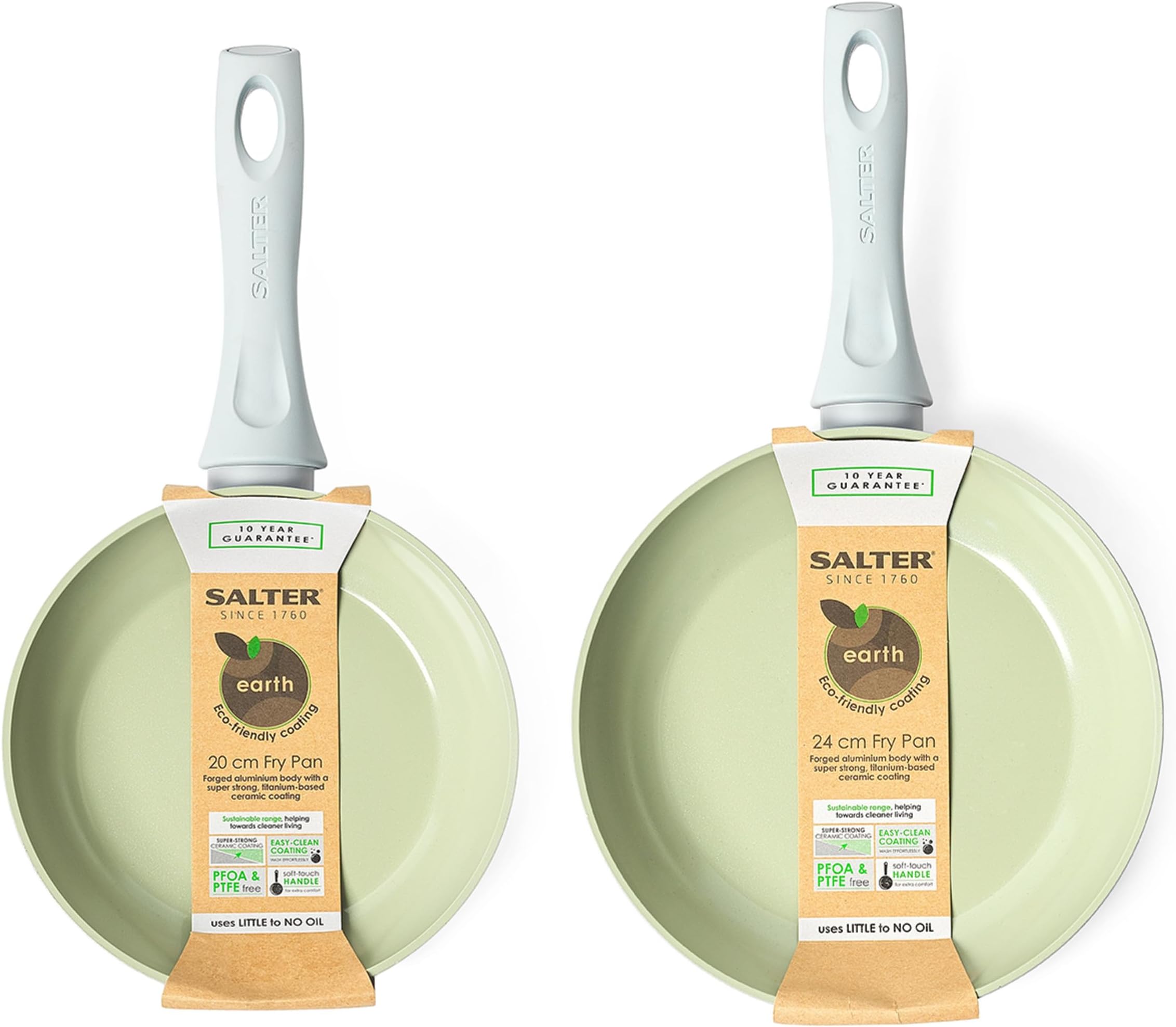 Salter COMBO-7528 Earth Frying Pan Set – Healthy Ceramic Non-Stick Coating, PFAS-Free Induction Cookware, Aluminium Cooking Skillets, Easy Clean, PFOA/PTFE-Free, Stay Cool Handle, 20/24cm, Green