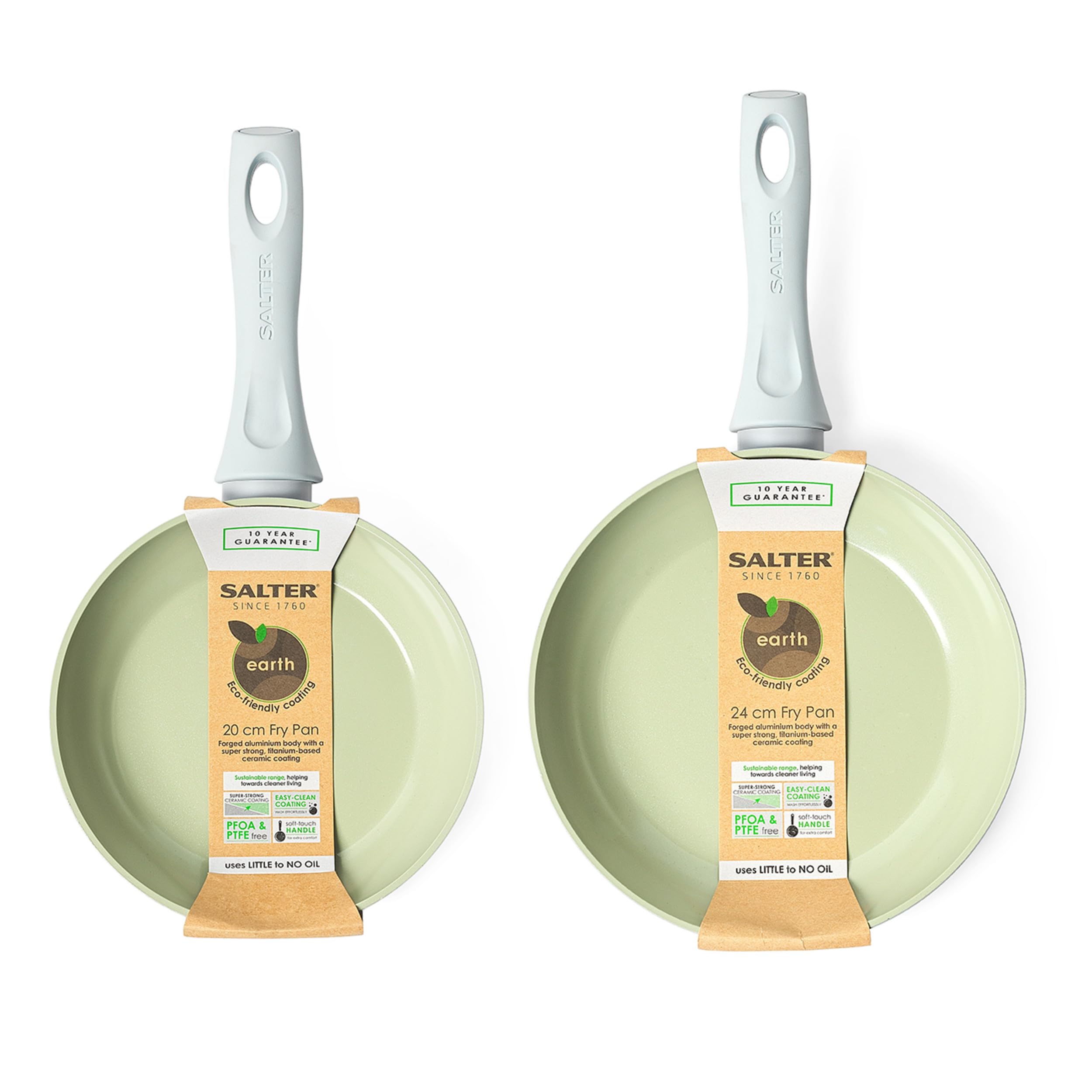 Salter COMBO-7528 Earth Frying Pan Set – Healthy Ceramic Non-Stick Coating, PFAS-Free Induction Cookware, Aluminium Cooking Skillets, Easy Clean, PFOA/PTFE-Free, Stay Cool Handle, 20/24cm, Green