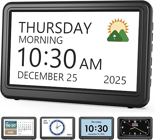 Clock with Day and Date for Elderly, 7 Large Display Digital Calendar Day Clock with 20 Custom Alarms and Medicine Reminders, Dimmable Dementia Alzheimers Clocks for Seniors, Black (Ac Powered)
