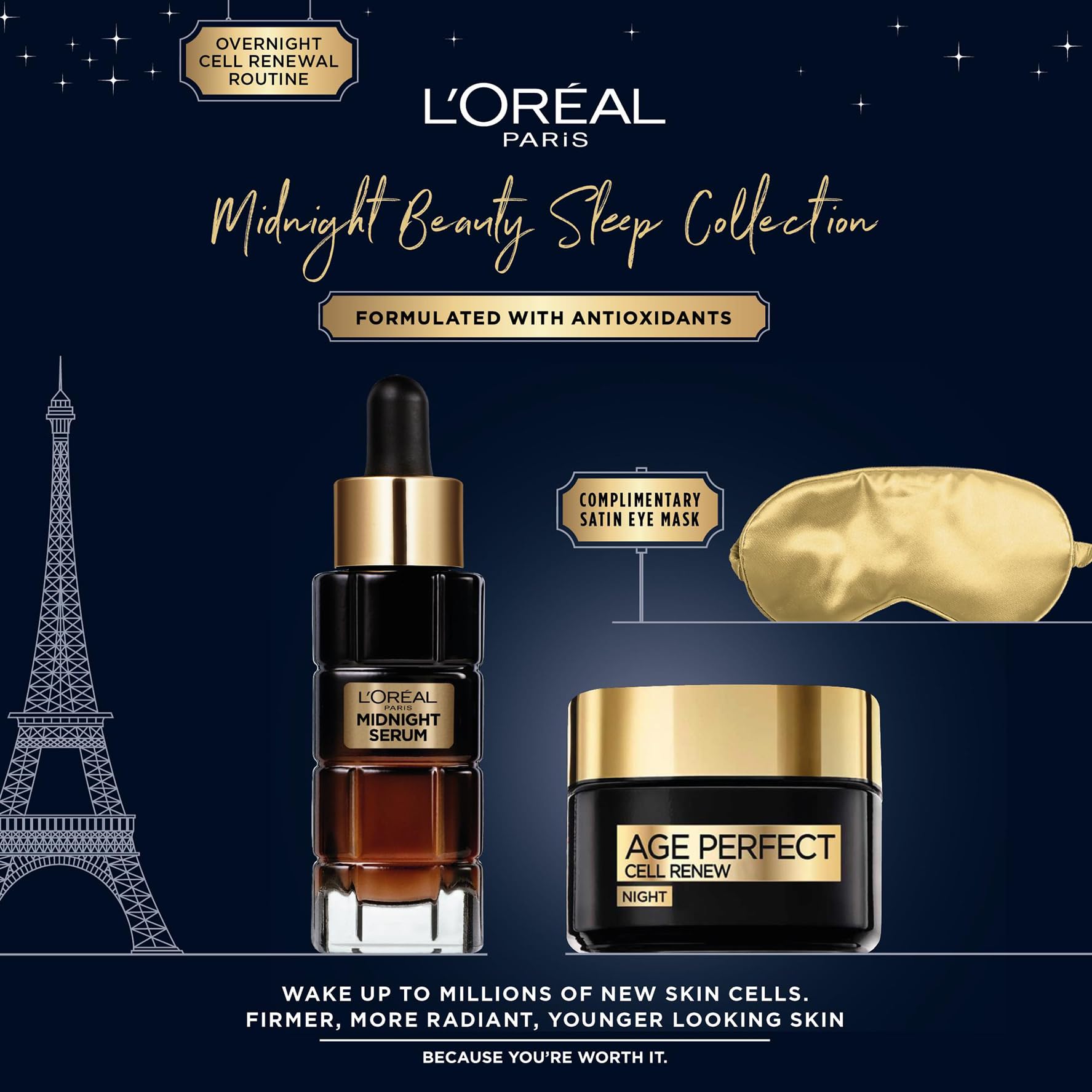 L’Oréal Paris Gift Set, Includes Night Serum and Cream, Cell Renew Overnight Radiance Routine Giftset For Radiance and Skin Cell Renewal, Midnight Beauty Sleep Collection