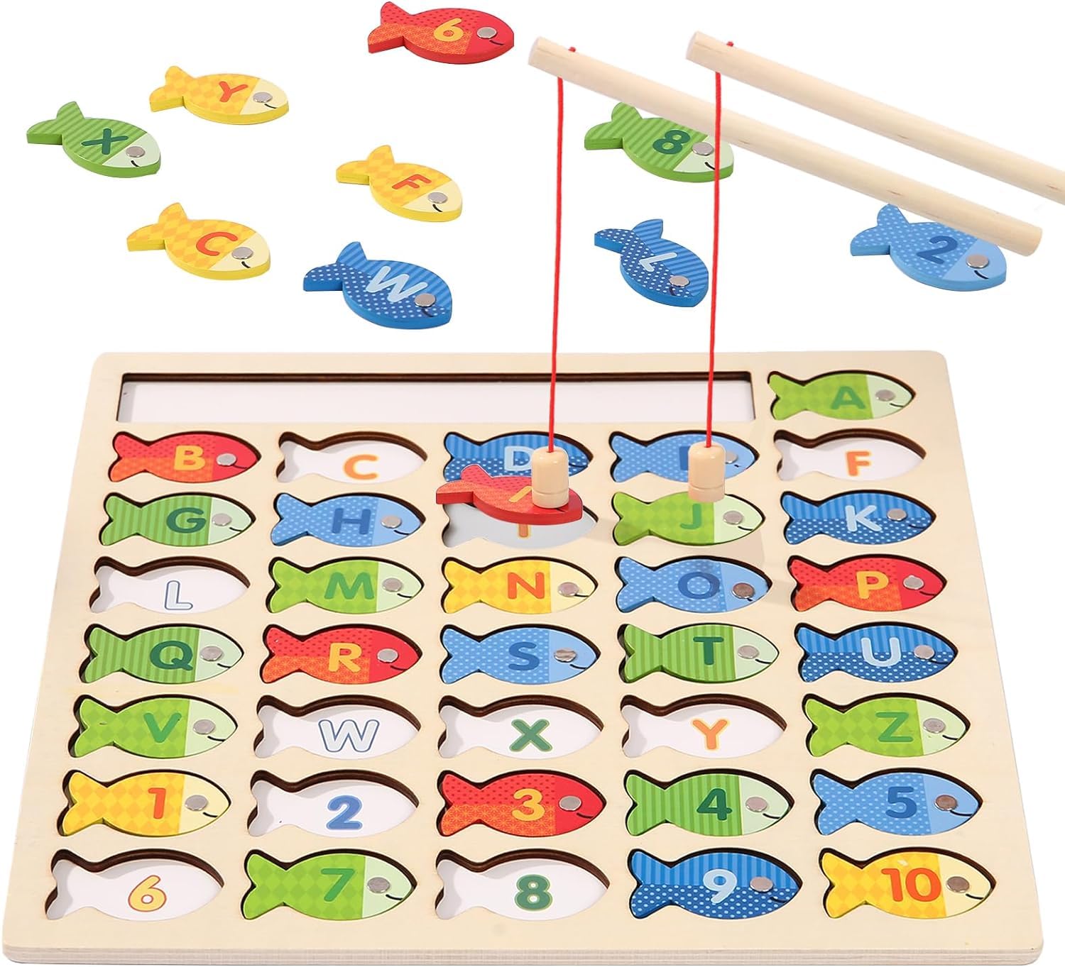 Lefan Wooden Magnetic Fishing Game for Toddlers, Montessori Fine Motor Skills Toy with Letters and Numbers, Preschool Learning ABC and Puzzle Birthday Toys Gift for 3 4 5 6 7 8+ Year Old Kids(2 Poles)-picture-13