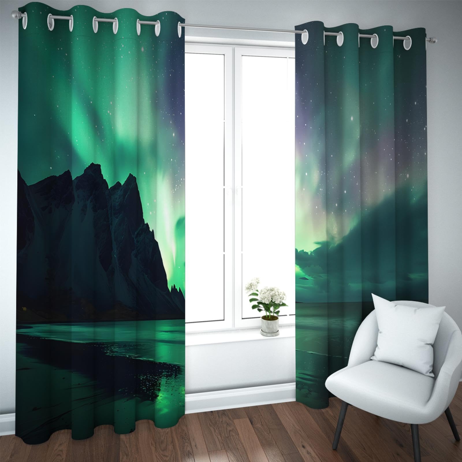 Amazon｜グリーンノーザンオーロラブラックアウトウィンドウカーテンアメージングオーロラ現象カーテンアイレットウィンドウドレープ農家オフィス2パネル用  B168xH229｜カーテン オンライン通販
