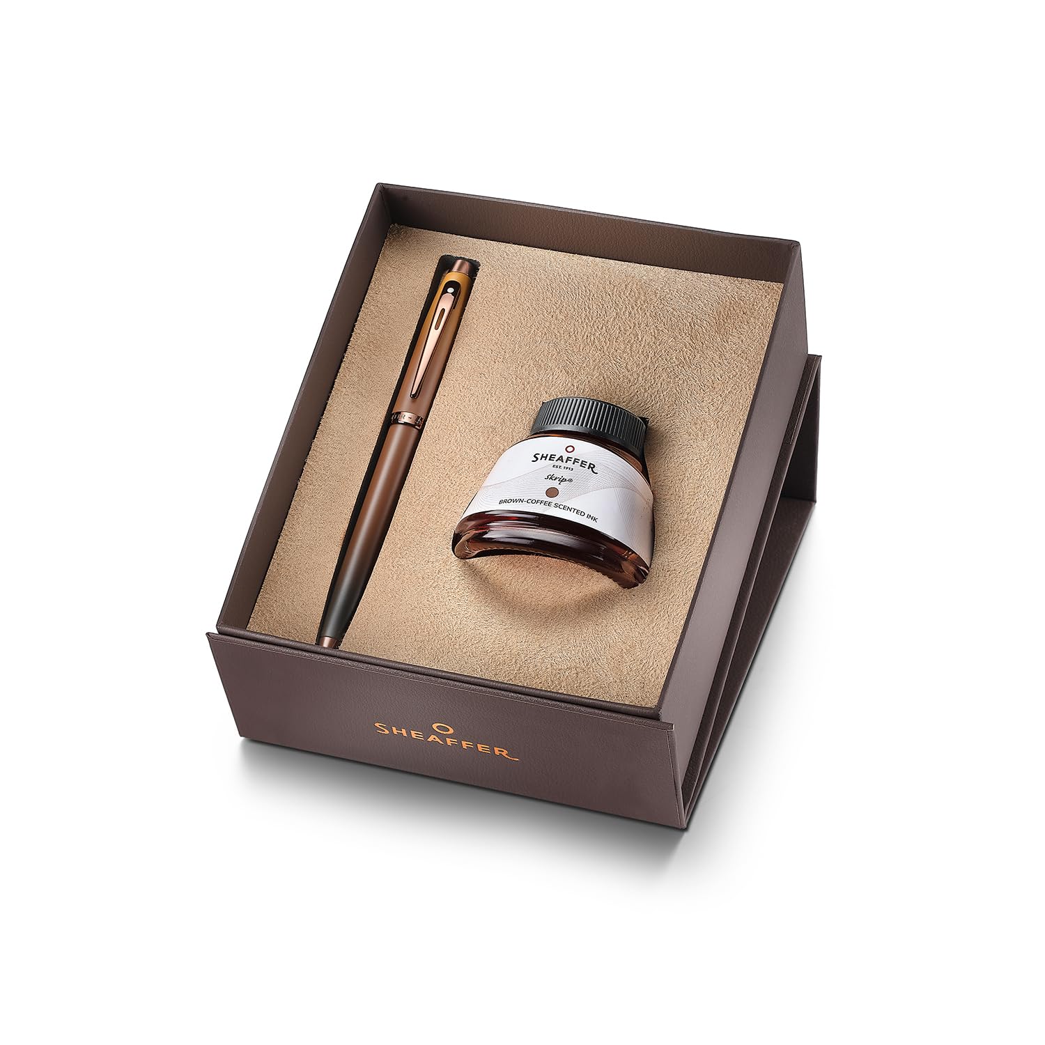 Sheaffer 100 Fountain Pen, Coffee Edition Matt Brown with Regal Brown PVD Trims and Coffee Scented Bottled Ink