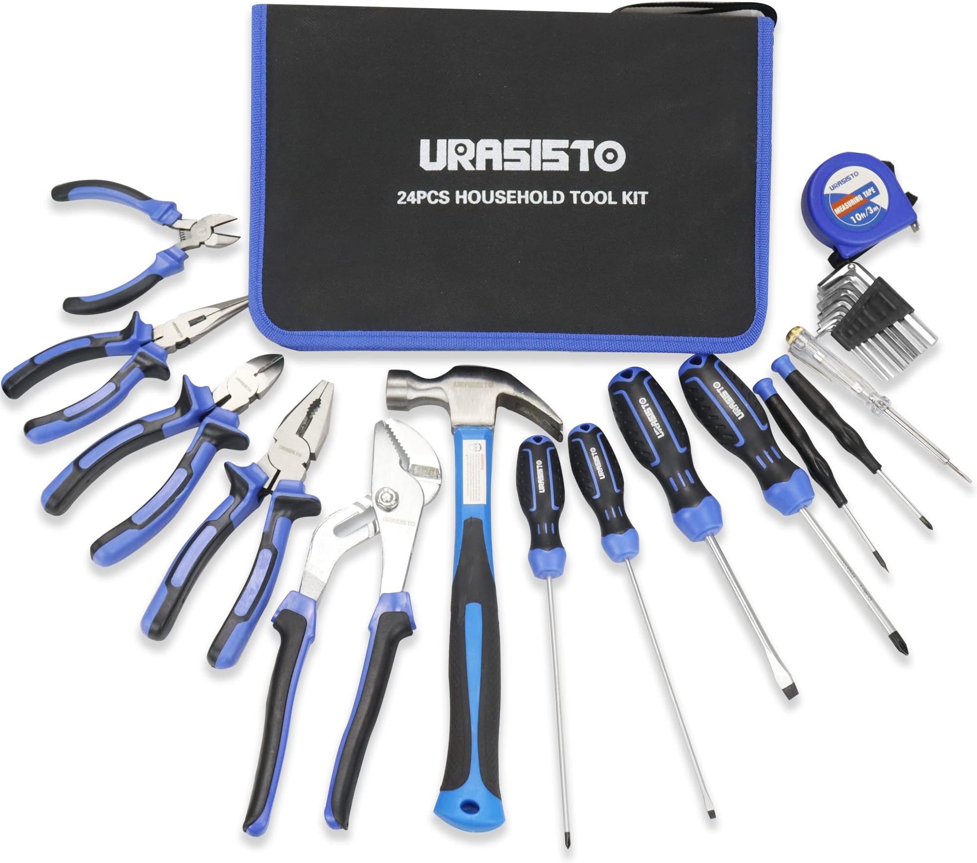 URASISTO 24-Piece Household Tool Kit for Men Repair Hand Tool Set Bag with Hammer, Screwdriver,Pliers, Wrench set with Storage Bag