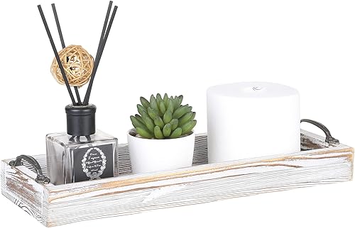 MyGift Bandeja rectangular de madera maciza para tanque de inodoro, 16 pulgadas con asas de metal de bronce envejecido