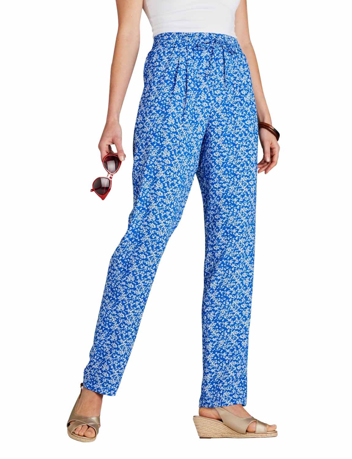 Amber Ladies Viscose Print Trousers with Elasticated Drawcord Waist Cornflower Blue 22
