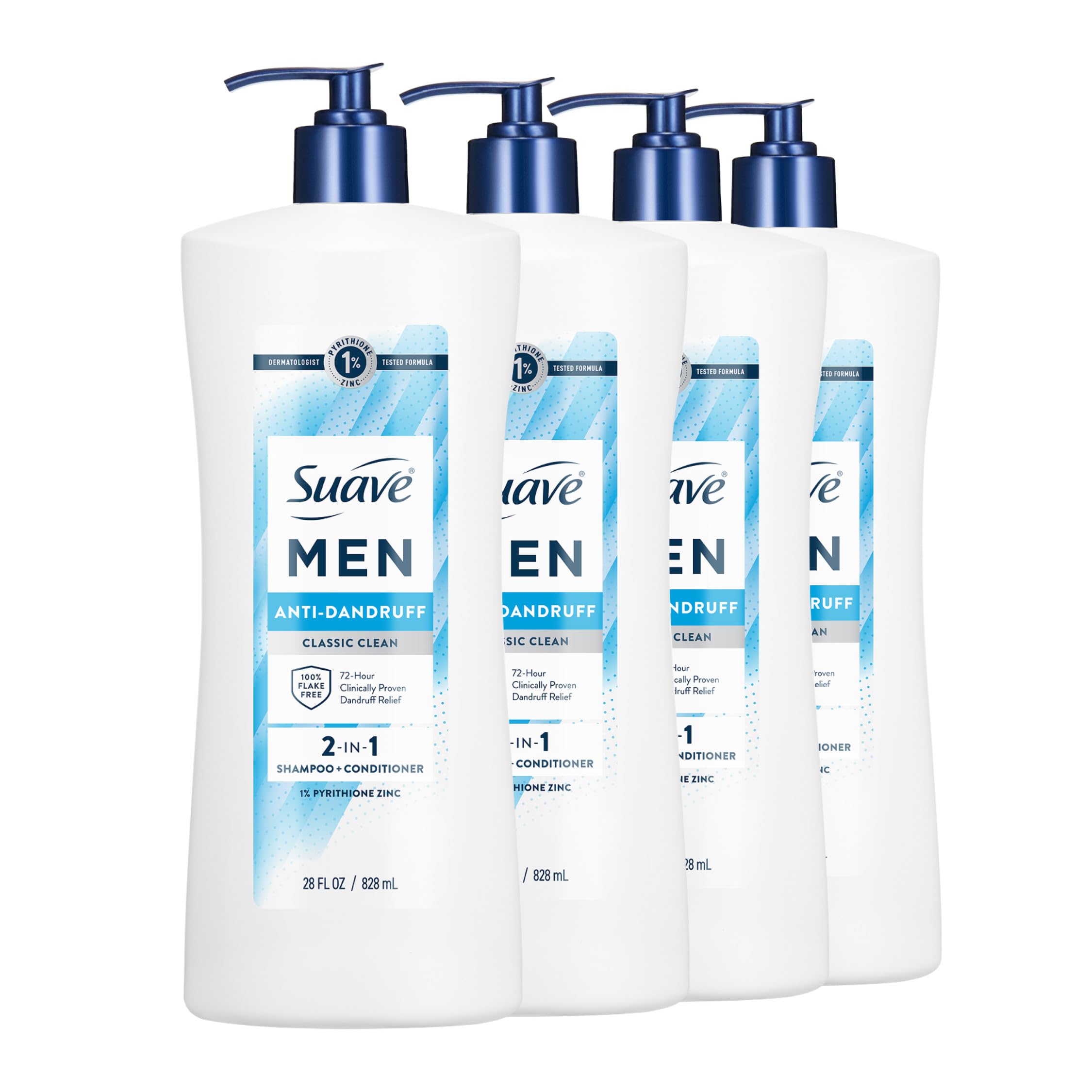 Suave Men 2 in 1 Anti-Dandruff Shampoo & Conditioner, Classic Clean, 1% Pyrithione Zinc, Clinically Proven Relief for Itchy, Dry Scalp & 72HR Flake Control, 4 Count, 112 FL OZ