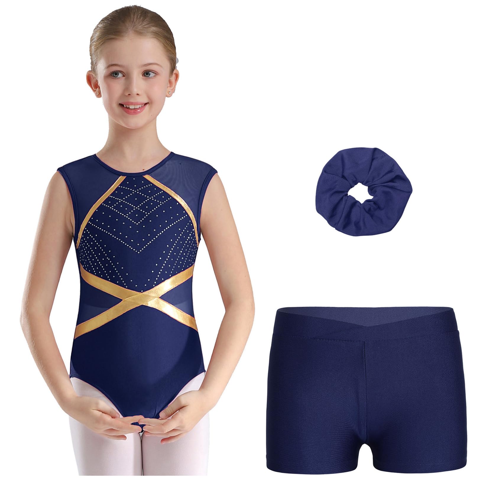Oyolan Enfant Fille Justaucorps Short Gymnastique Danse Tenue Patinage Artistique Leotard Strass sans Manche Costume