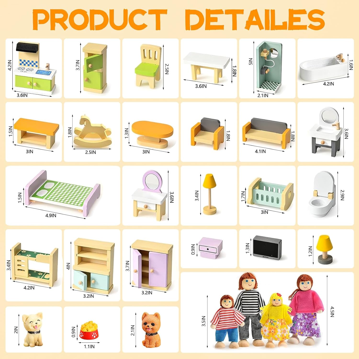 36PCS Wooden Dollhouse Furniture Set with 4 Flexible Family Dolls - 5 Room Realistic Doll House Accessories for Toddlers 3 4 5 6, Pretend Play Toys Gift for Birthday and Christmas