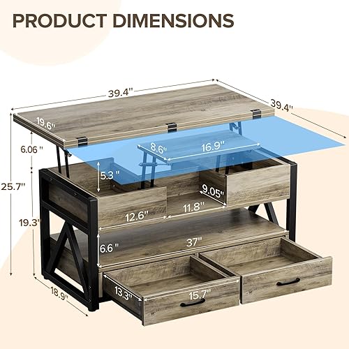 Miniatura 2 de Mesa de centro elevable de 40 pulgadas, mesas auxiliares elevadoras multifunción 4 en 1 con cajones de almacenamiento y compartimentos ocultos, mesa