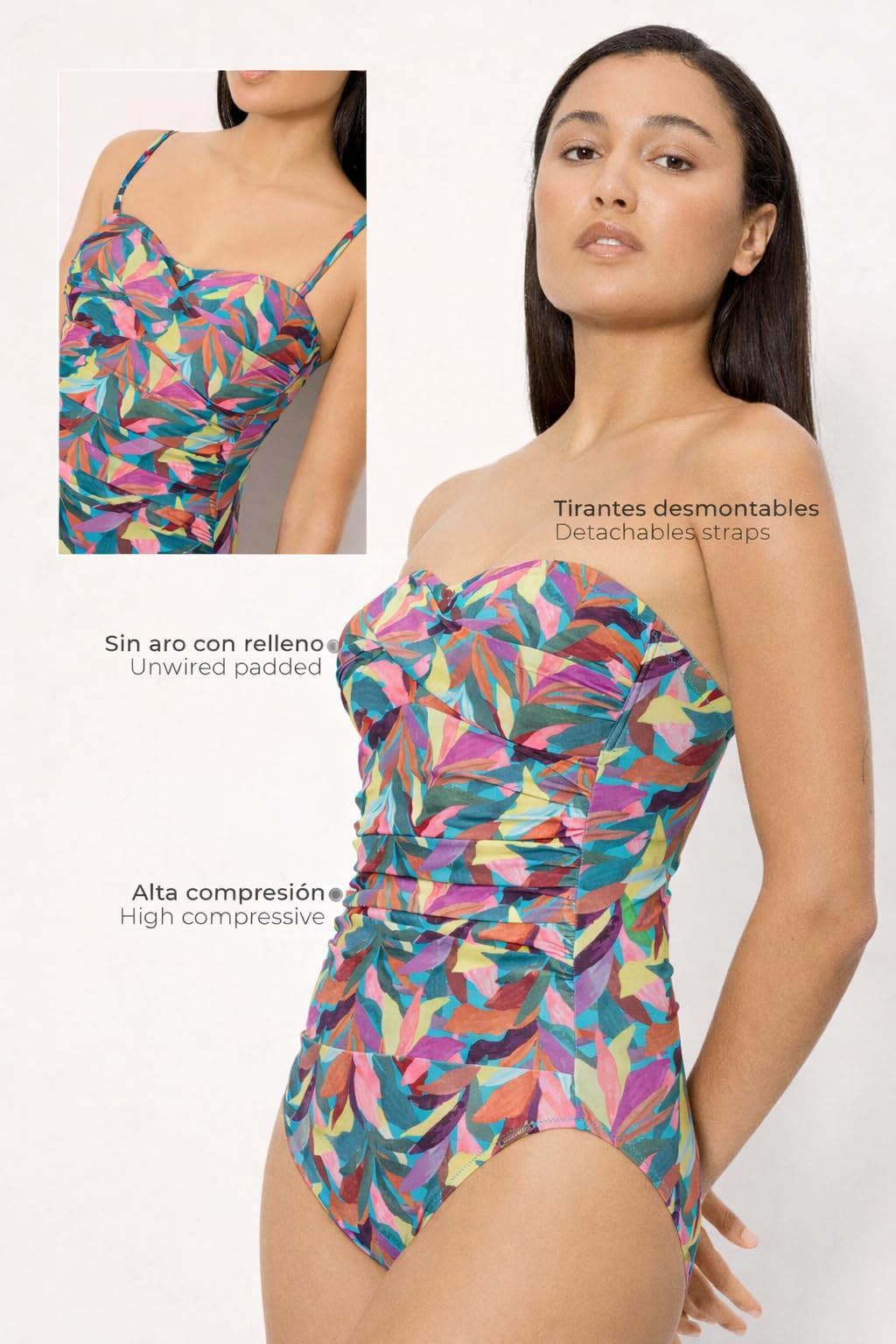 YSABEL MORA. Bañador Reductor Bandeau Alta Compresión Copa B. Moldea Cuerpo CREA Efecto Cintura Avispa Figura Reloj de Arena. Relleno Extraíble para Ajuste Cómodo y Favorecedor .Colección Turquoise.