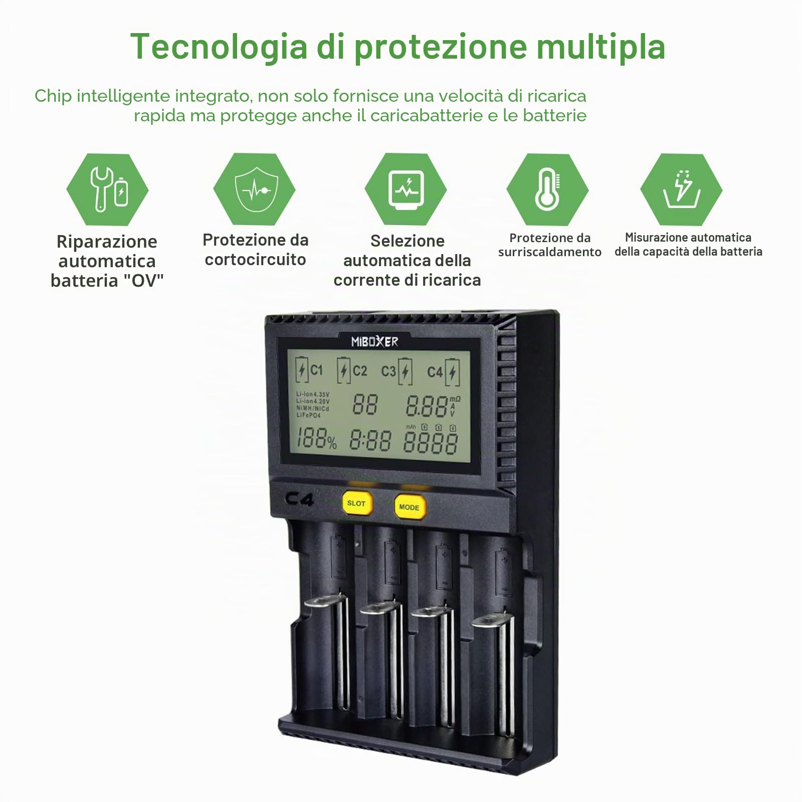 18650 Caricabatterie, Caricabatterie Intelligente Universale con Display LCD per Batterie NI-MH, NI-Cd, AA, AAA, 14500, 18350, 21700, 26650, Li-Ion LiFePO4, RCR123A (4 Slot)