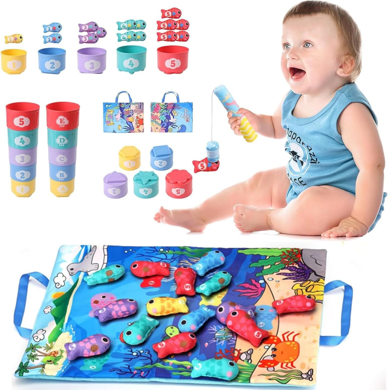 JoyJoyful Juguetes Niños 1 Año, Juguetes Pesca Bebes 6-12 Meses, Juguetes Montessori 1 Año, Juguetes Pesca con 15 Peces Tela, Cubos Apilables, Bolsa, Regalo Niño 1 2 3 Años de Cumpleaños Navidad