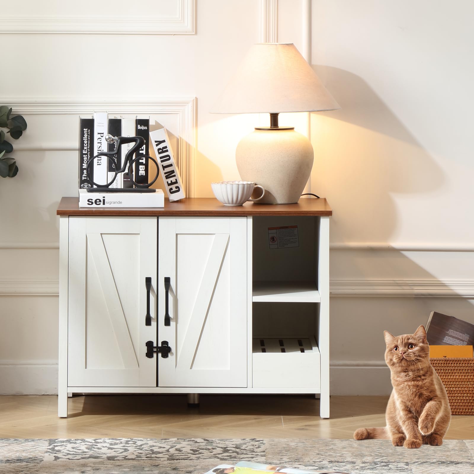 FOREST GRAVITY Mueble Arenero para Gato Pequeño Mueble Arenero para Gato Moderno 81 * 50 * 60 cm Casa para con Puerta y Tabique Separador Blanco Antiguo