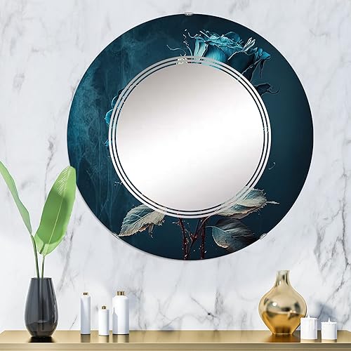 Miniatura 2 de Rosa azul y blanco II - Espejo de tocador, espejos de baño, espejos de pared para sala de estar, dormitorio, espejo redondo - Grande 24 x 24 pies,